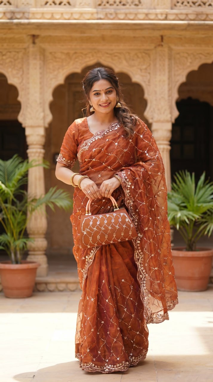 Royal Amethyst Elegance Saree - DARK ORANGE