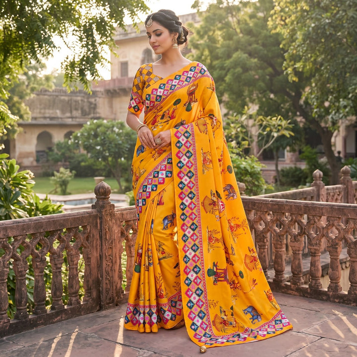 Rajwadi Heritage Print Soft Chinnon Saree  -YELLOW
