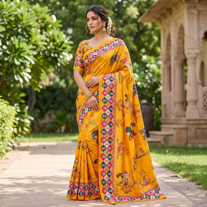 Rajwadi Heritage Print Soft Chinnon Saree  -YELLOW