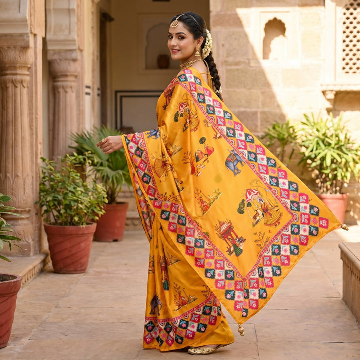 Rajwadi Heritage Print Soft Chinnon Saree  -YELLOW