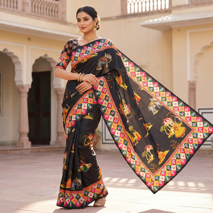 Rajwadi Heritage Print Soft Chinnon Saree  -BLACK
