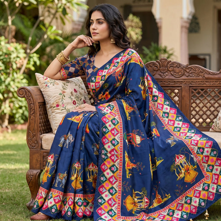 Rajwadi Heritage Print Soft Chinnon Saree  -BLUE
