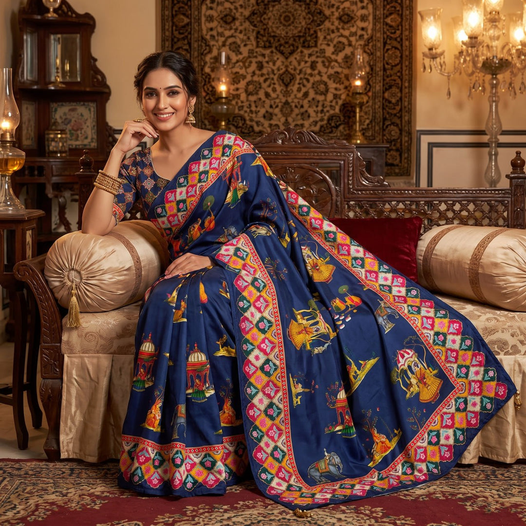 Rajwadi Heritage Print Soft Chinnon Saree  -BLUE