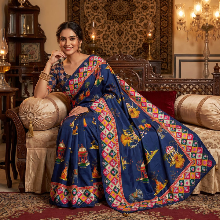 Rajwadi Heritage Print Soft Chinnon Saree  -BLUE