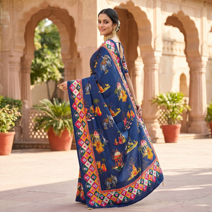 Rajwadi Heritage Print Soft Chinnon Saree  -BLUE