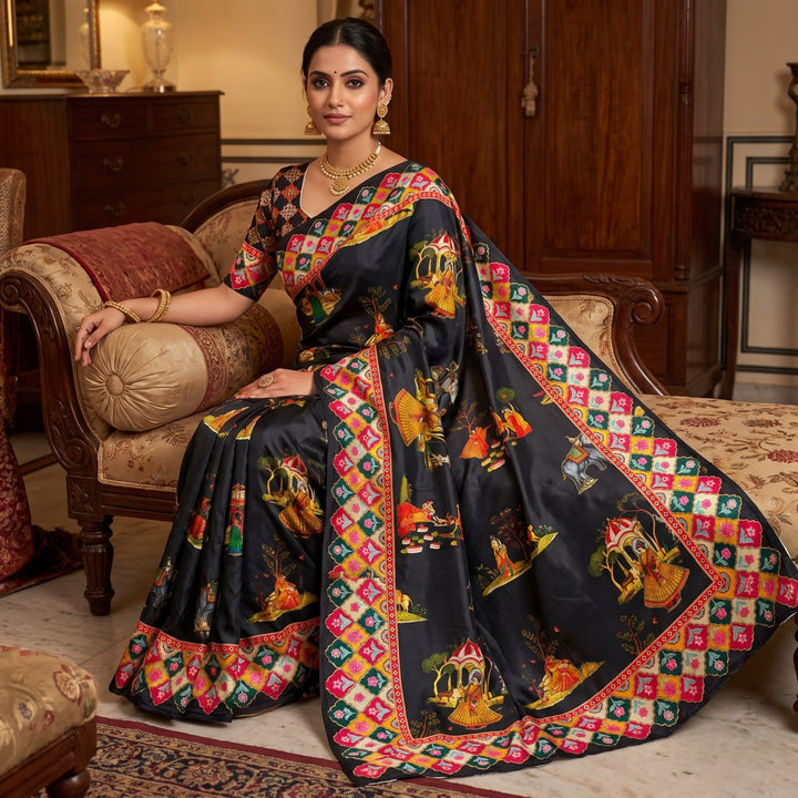 Rajwadi Heritage Print Soft Chinnon Saree  -BLACK