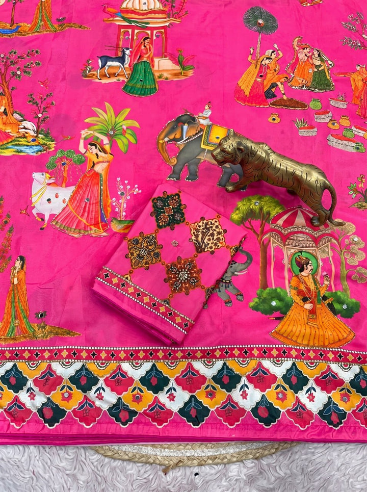 Rajwadi Heritage Print Soft Chinnon Saree  -PINK
