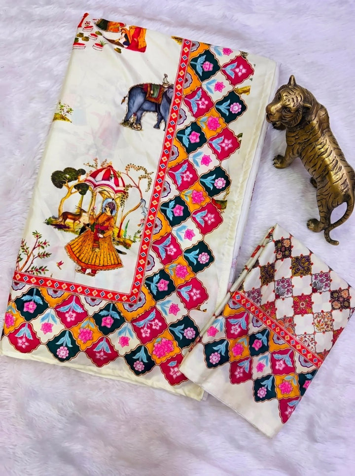 Rajwadi Heritage Print Soft Chinnon Saree  - WHITE