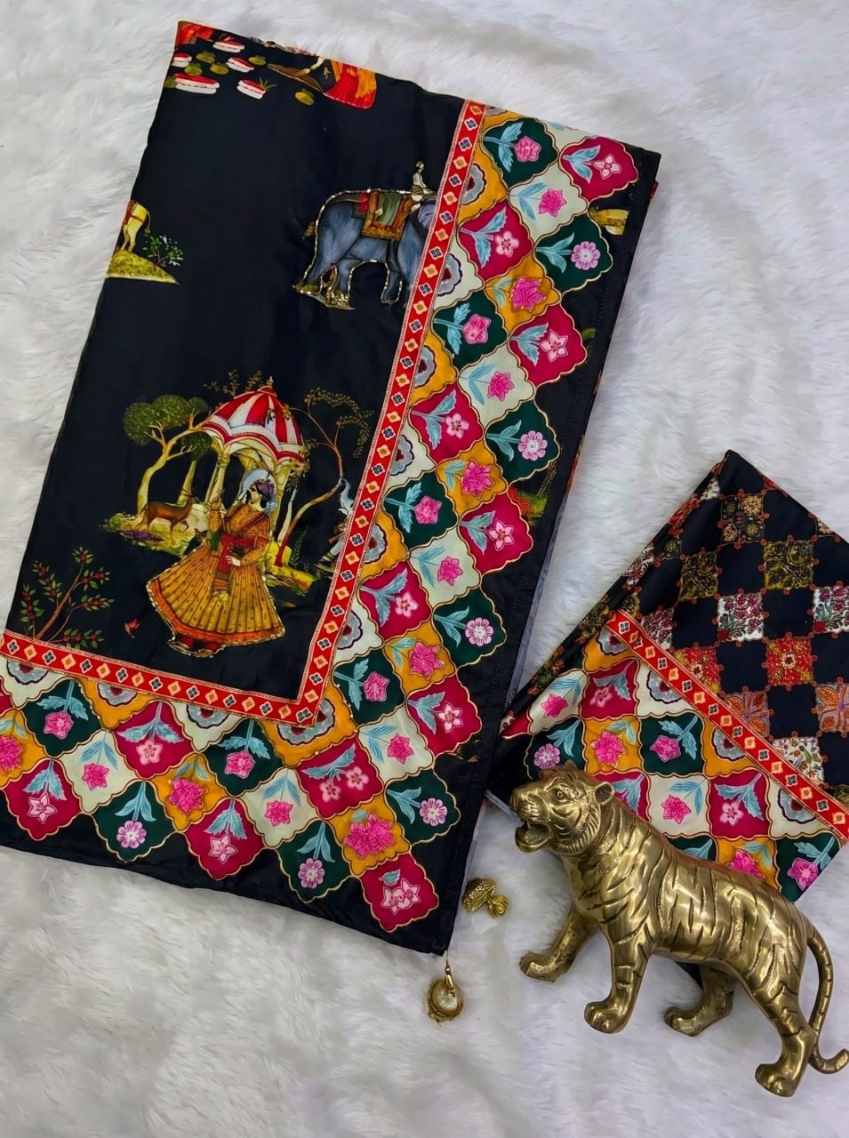 Rajwadi Heritage Print Soft Chinnon Saree  -BLACK