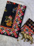 Rajwadi Heritage Print Soft Chinnon Saree  -BLACK