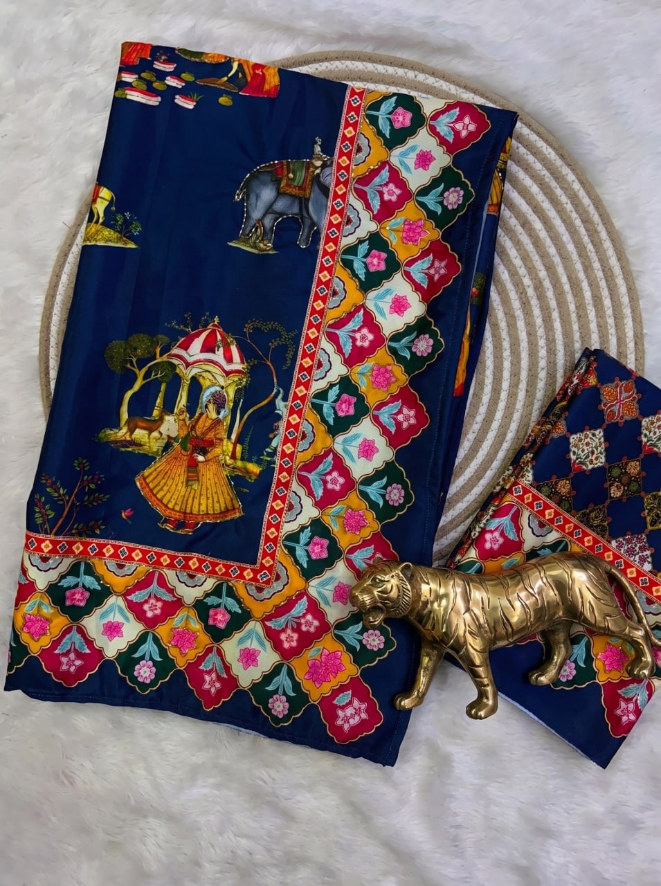 Rajwadi Heritage Print Soft Chinnon Saree  -BLUE