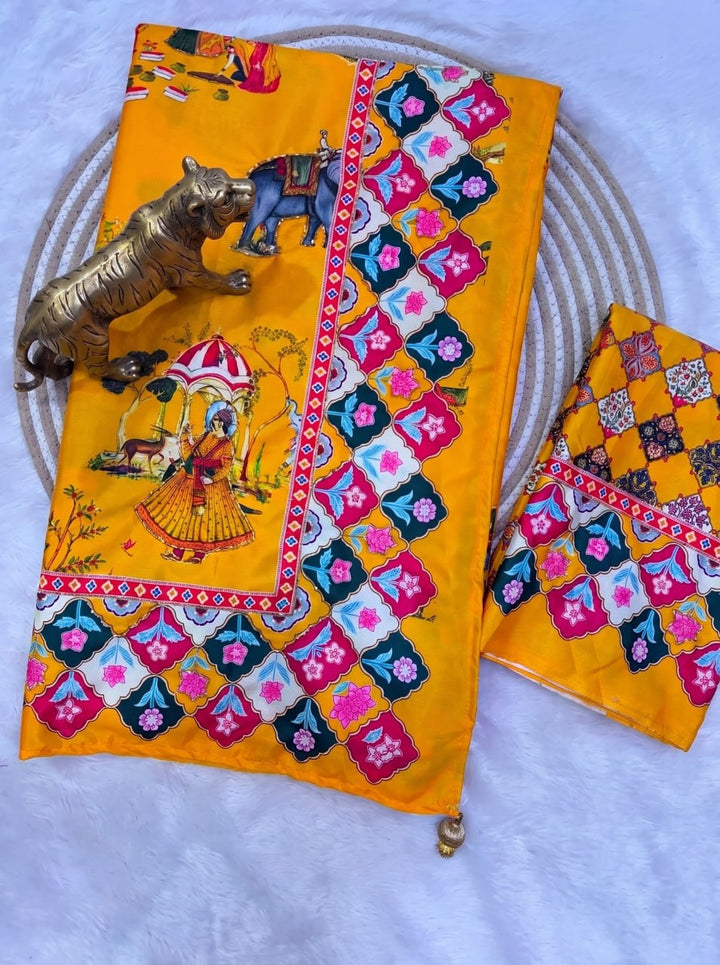 Rajwadi Heritage Print Soft Chinnon Saree  -YELLOW