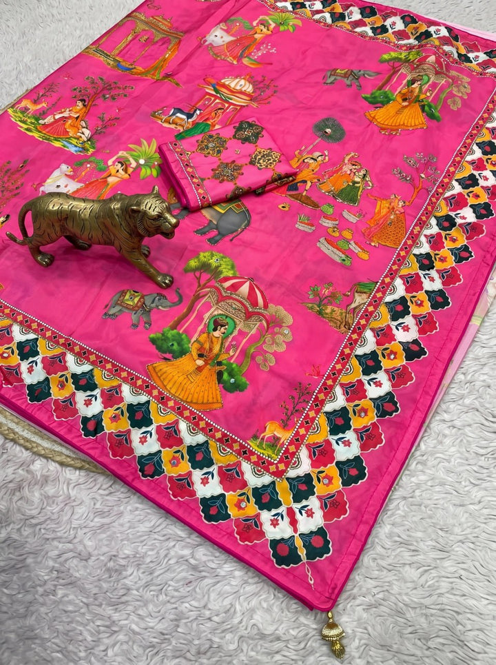 Rajwadi Heritage Print Soft Chinnon Saree  -PINK