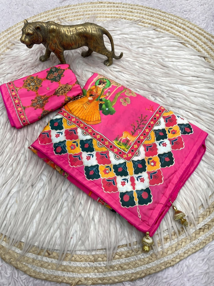 Rajwadi Heritage Print Soft Chinnon Saree  -PINK