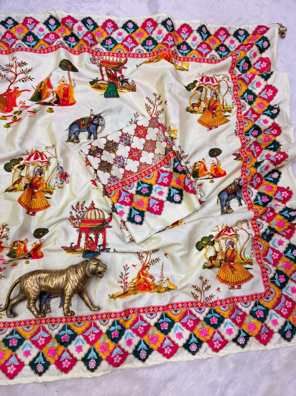 Rajwadi Heritage Print Soft Chinnon Saree  - WHITE