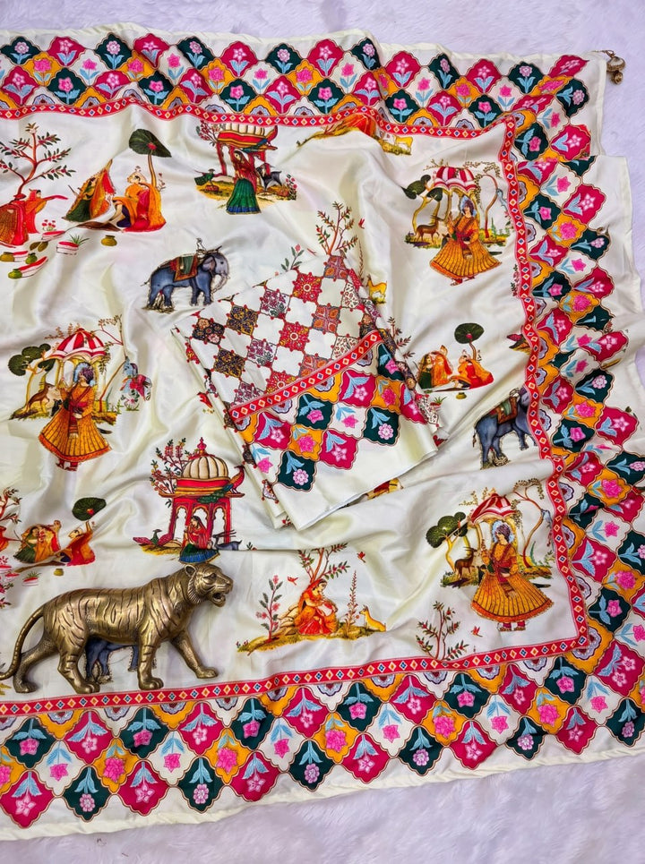 Rajwadi Heritage Print Soft Chinnon Saree  - WHITE