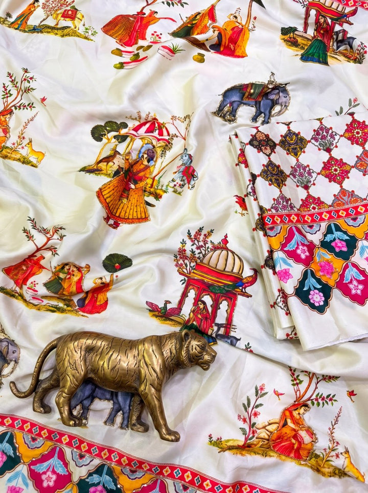 Rajwadi Heritage Print Soft Chinnon Saree  - WHITE