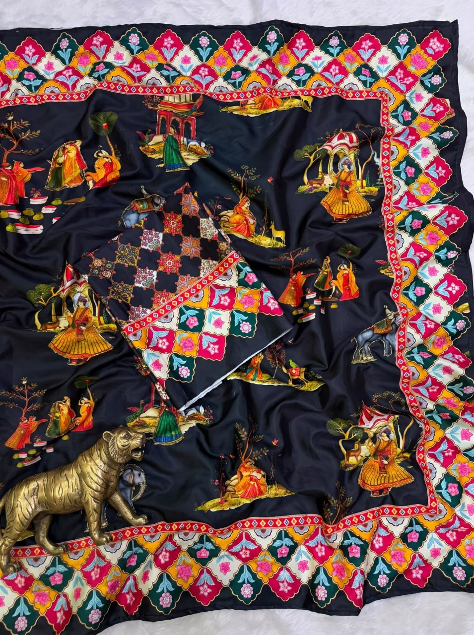Rajwadi Heritage Print Soft Chinnon Saree  -BLACK