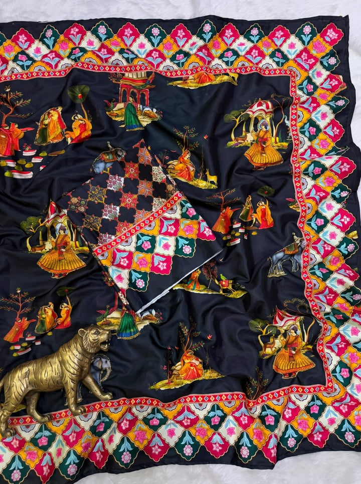 Rajwadi Heritage Print Soft Chinnon Saree  -BLACK