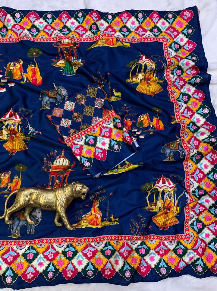 Rajwadi Heritage Print Soft Chinnon Saree  -BLUE