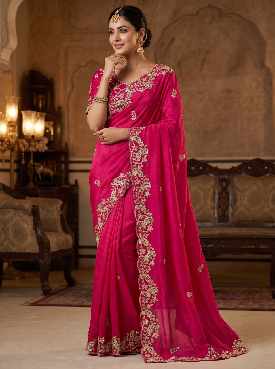 Diamond Drape Satin Saree - PINK
