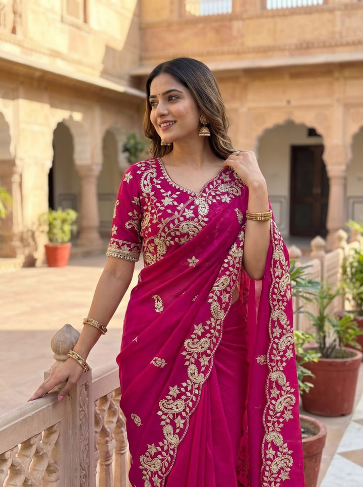 Diamond Drape Satin Saree - PINK