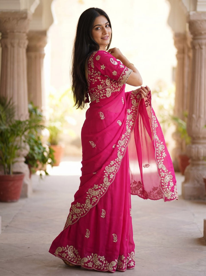 Diamond Drape Satin Saree - PINK