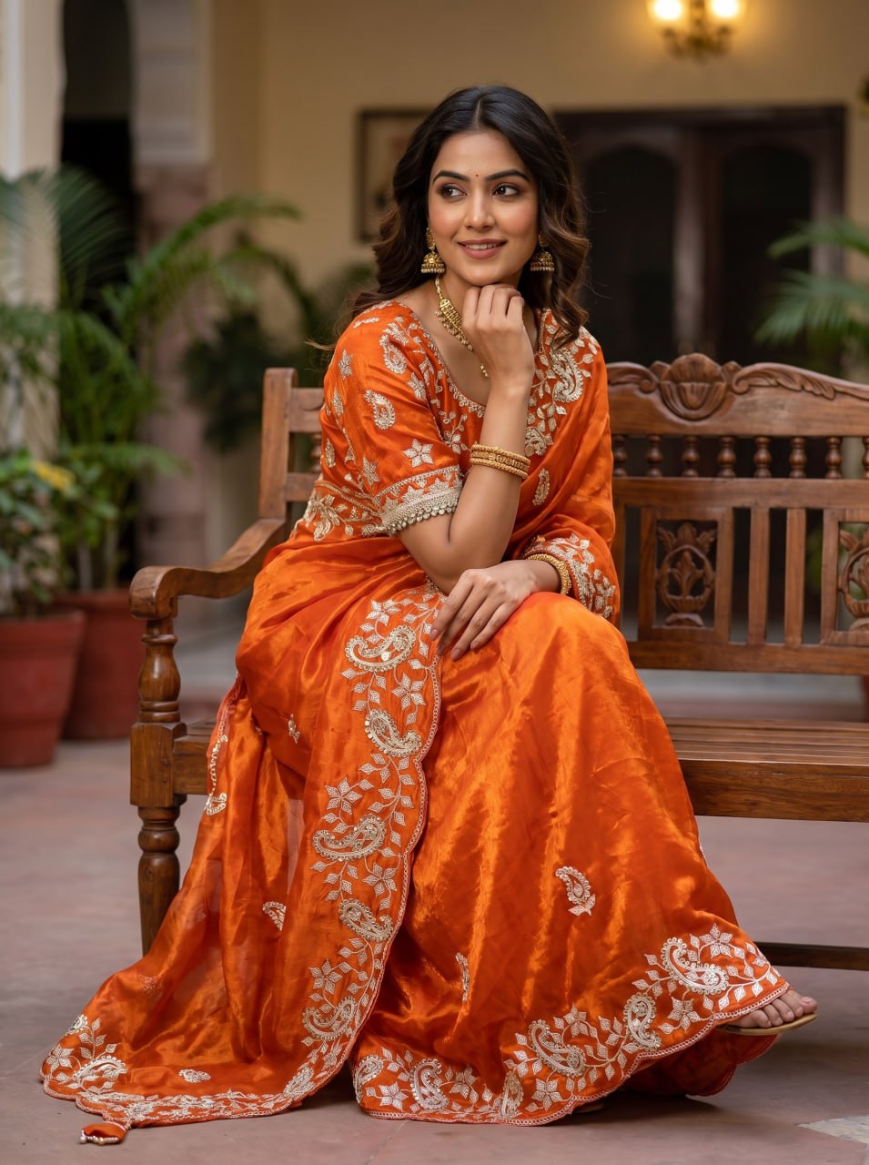 Diamond Drape Satin Saree - ORANGE