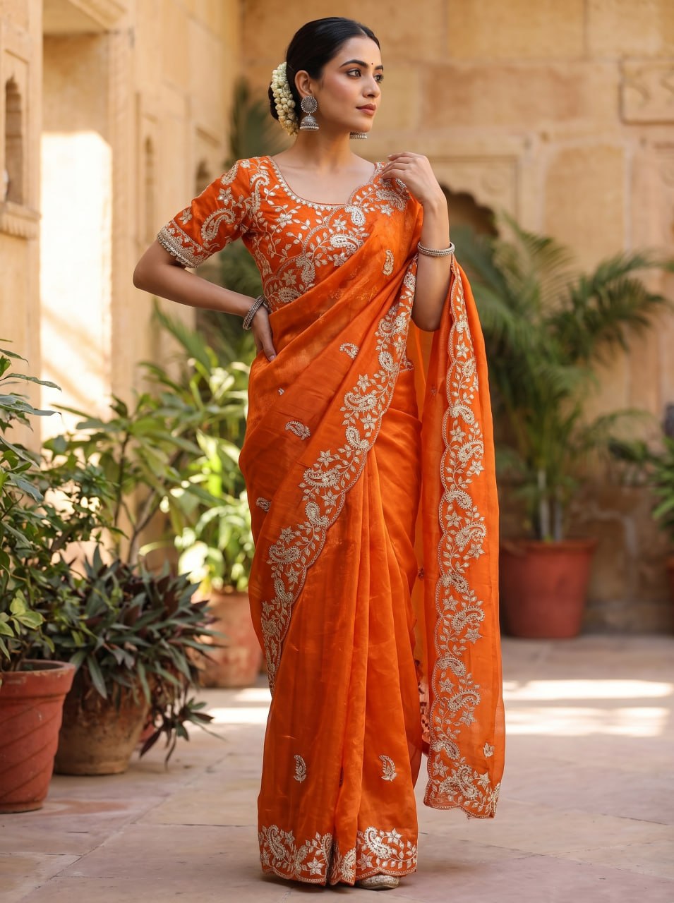 Diamond Drape Satin Saree - ORANGE