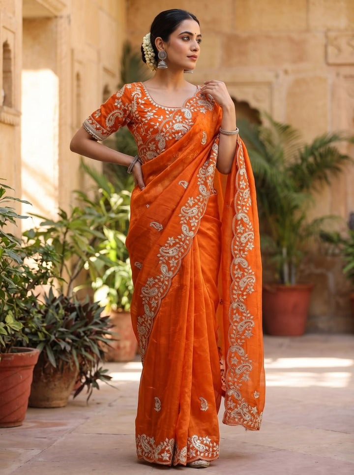 Diamond Drape Satin Saree - ORANGE