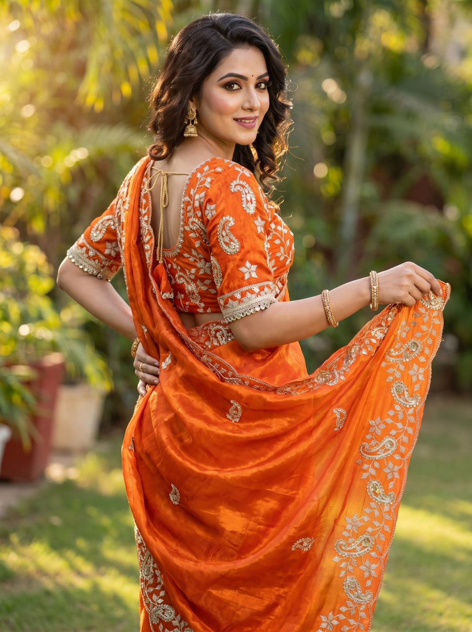 Diamond Drape Satin Saree - ORANGE