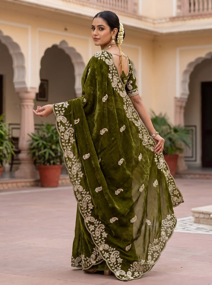 Diamond Drape Satin Saree - MAHENDI