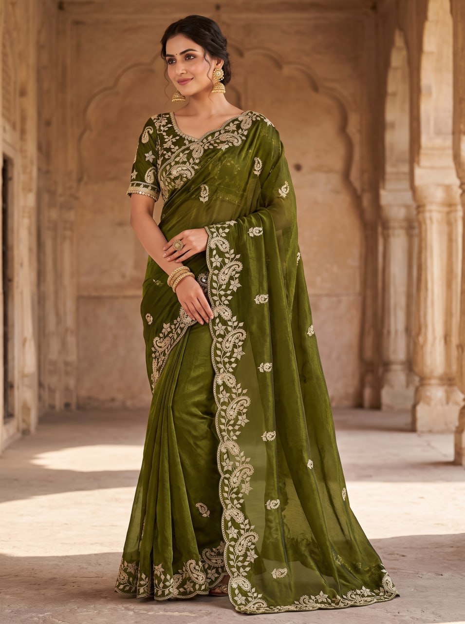 Diamond Drape Satin Saree - MAHENDI