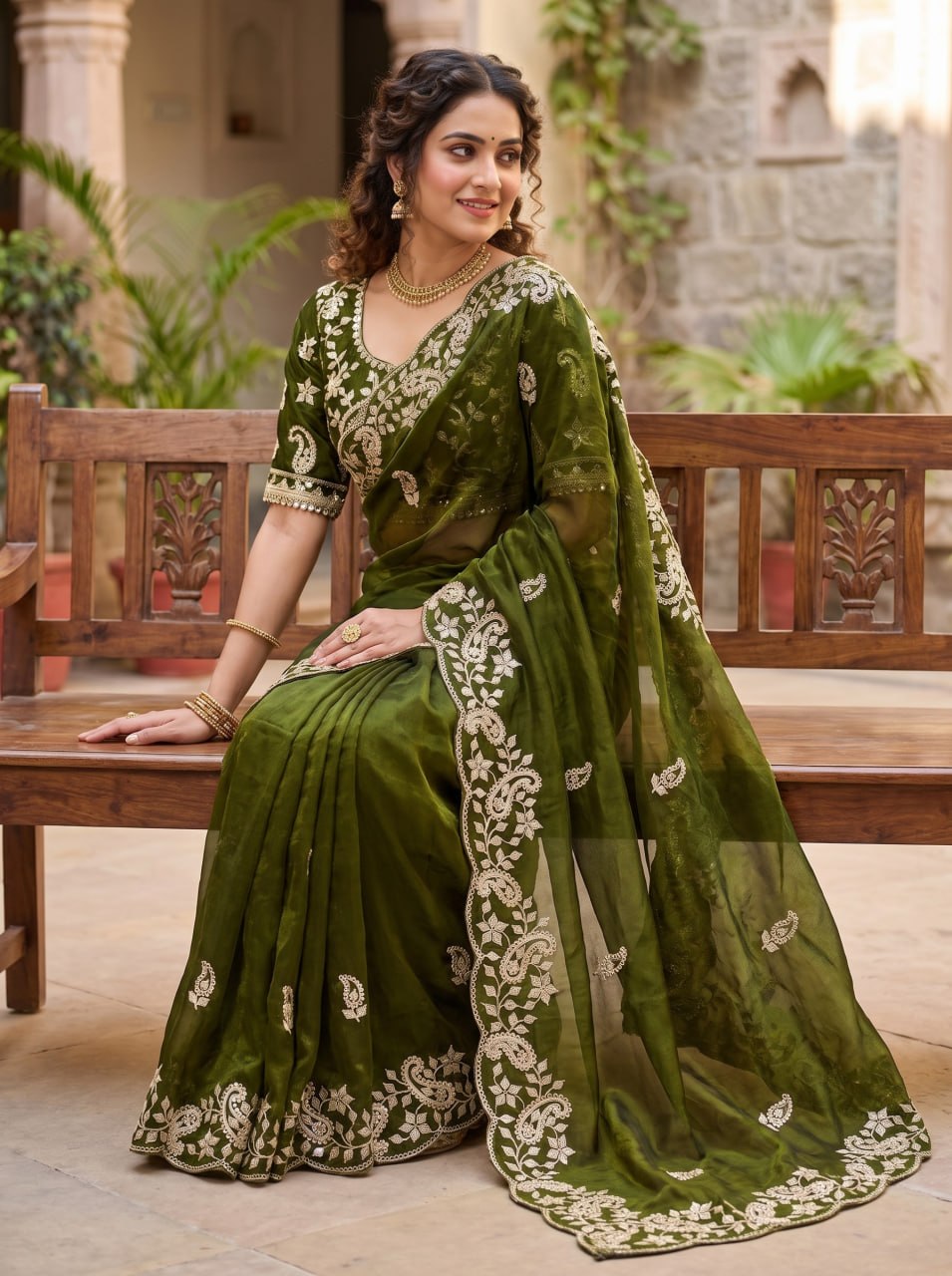 Diamond Drape Satin Saree - MAHENDI