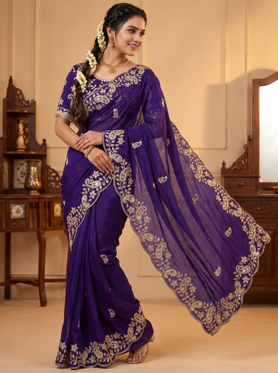 Diamond Drape Satin Saree - PURPLE