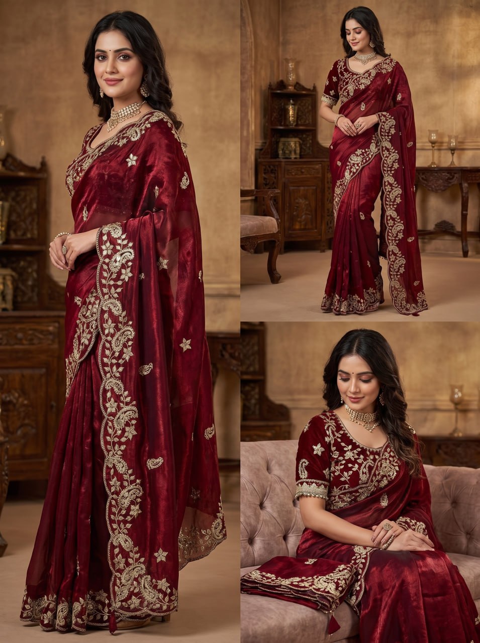 Diamond Drape Satin Saree - MAROON