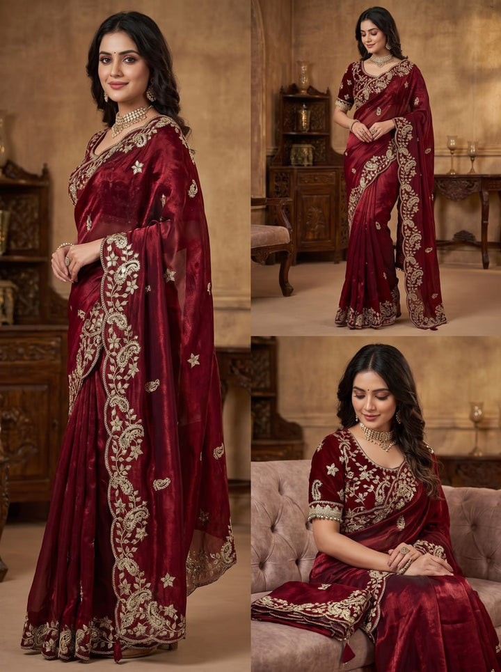 Diamond Drape Satin Saree - MAROON