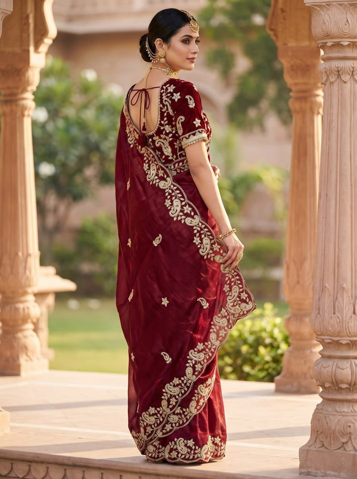 Diamond Drape Satin Saree - MAROON