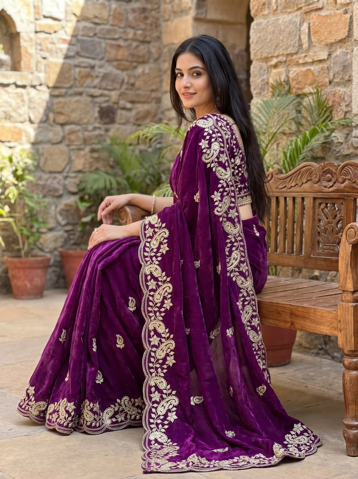Diamond Drape Satin Saree - WINE