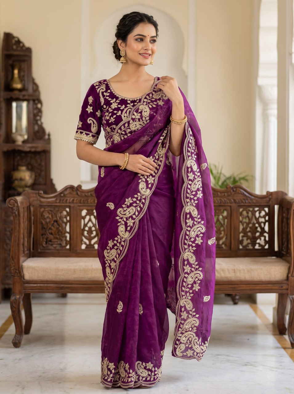 Diamond Drape Satin Saree - WINE
