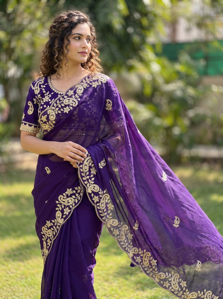 Diamond Drape Satin Saree - PURPLE