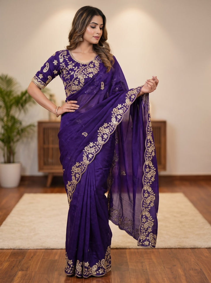 Diamond Drape Satin Saree - PURPLE