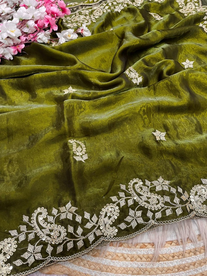 Diamond Drape Satin Saree - MAHENDI