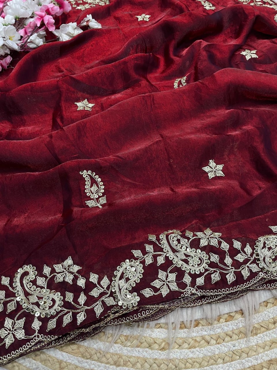 Diamond Drape Satin Saree - MAROON