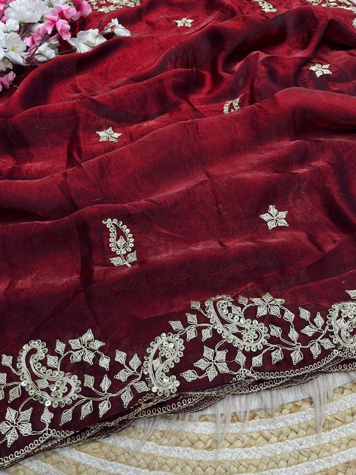 Diamond Drape Satin Saree - MAROON