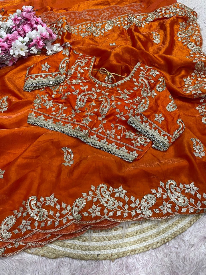 Diamond Drape Satin Saree - ORANGE