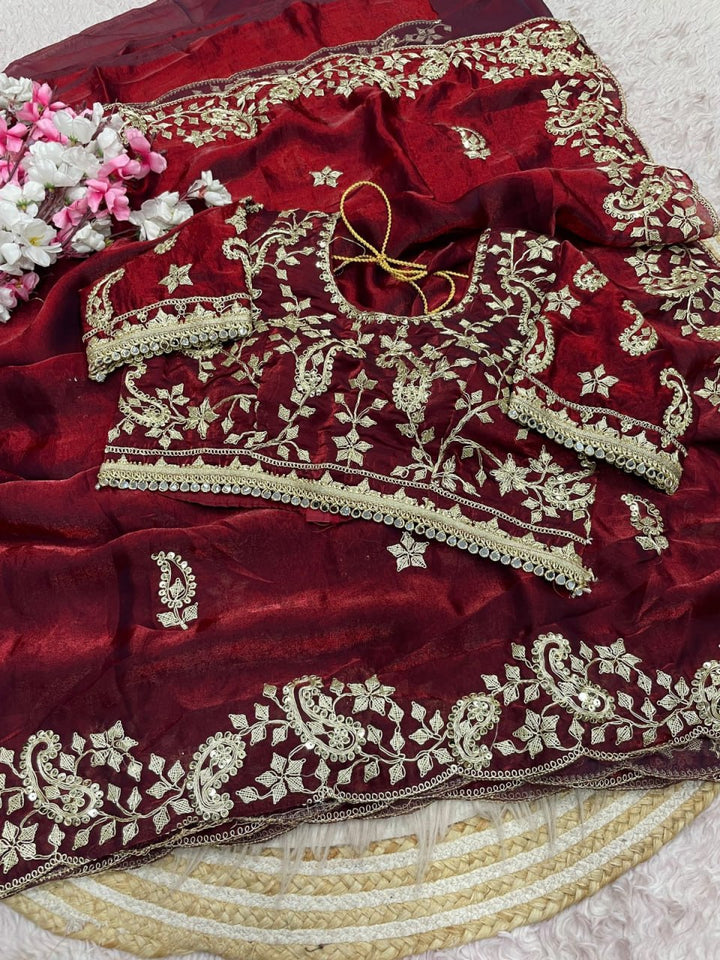 Diamond Drape Satin Saree - MAROON