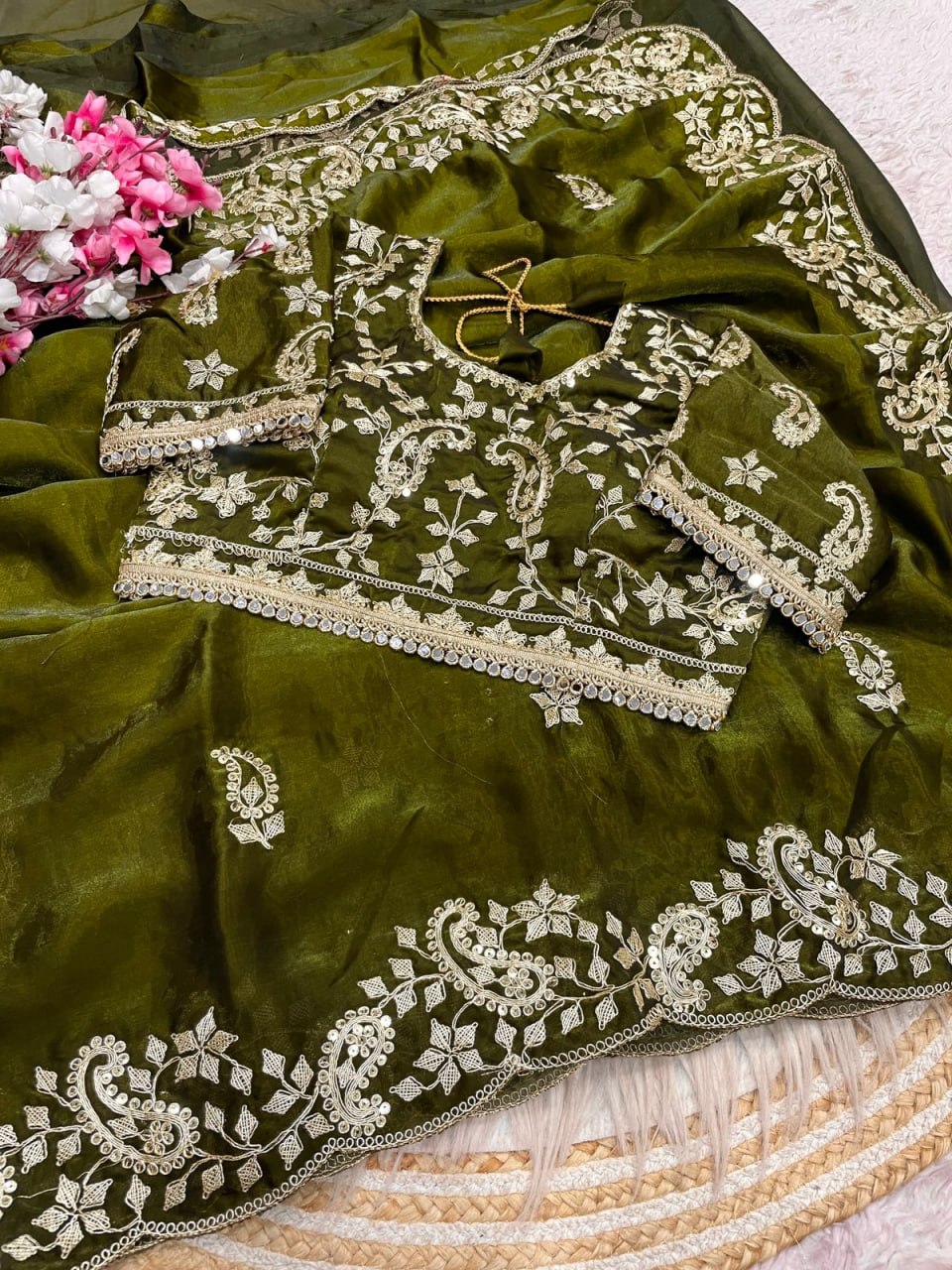 Diamond Drape Satin Saree - MAHENDI