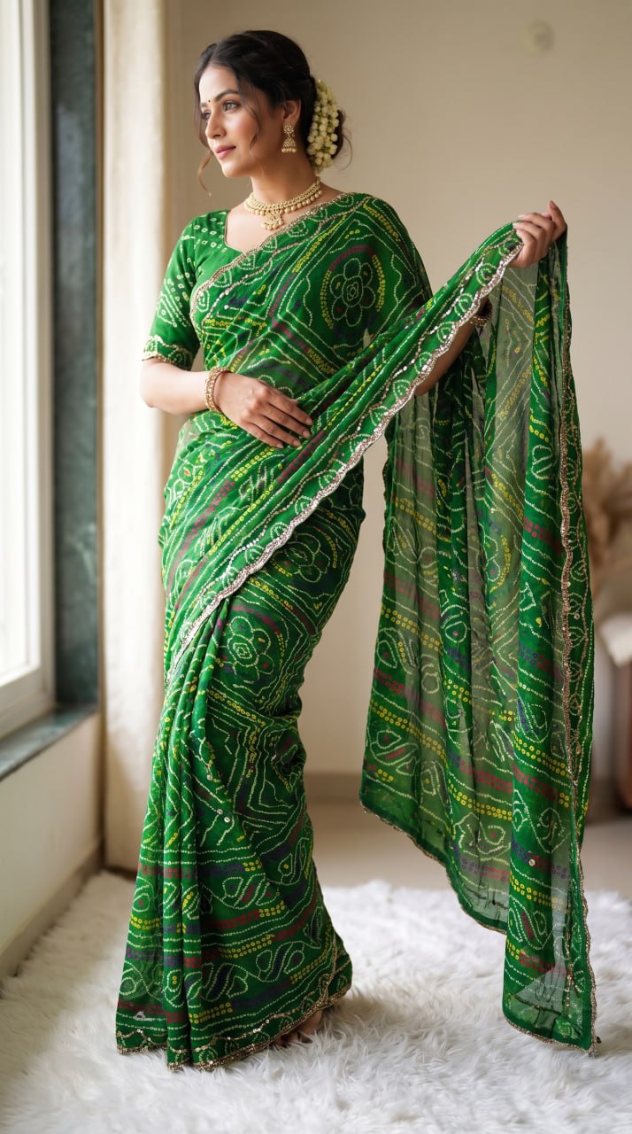 Rajasthani Bandhani Style Georgette Saree- MAHENDI GREEN