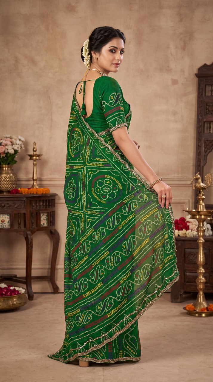 Rajasthani Bandhani Style Georgette Saree- MAHENDI GREEN